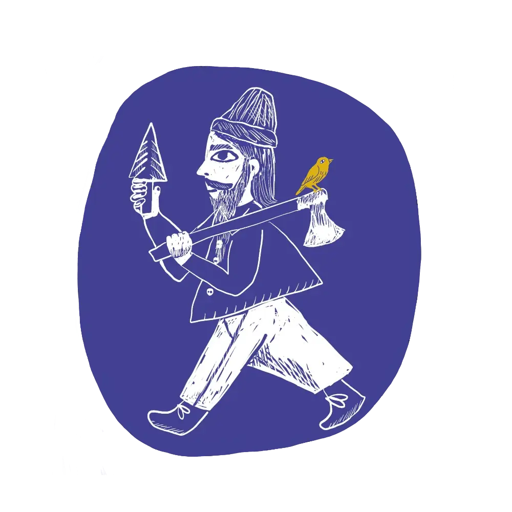 Goldfinch Tree Care illustration: a bearded arborist carrying an axe and a small evergreen, with a goldfinch perched on the axe